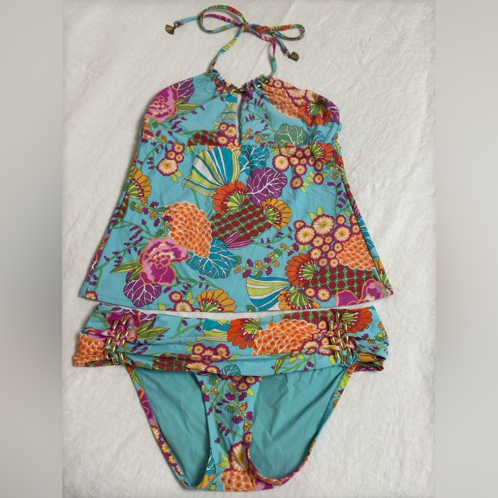 Trina Turk Tankini Swim Set Halter Top Size 8 - Bottoms Size 10 Colorful Floral